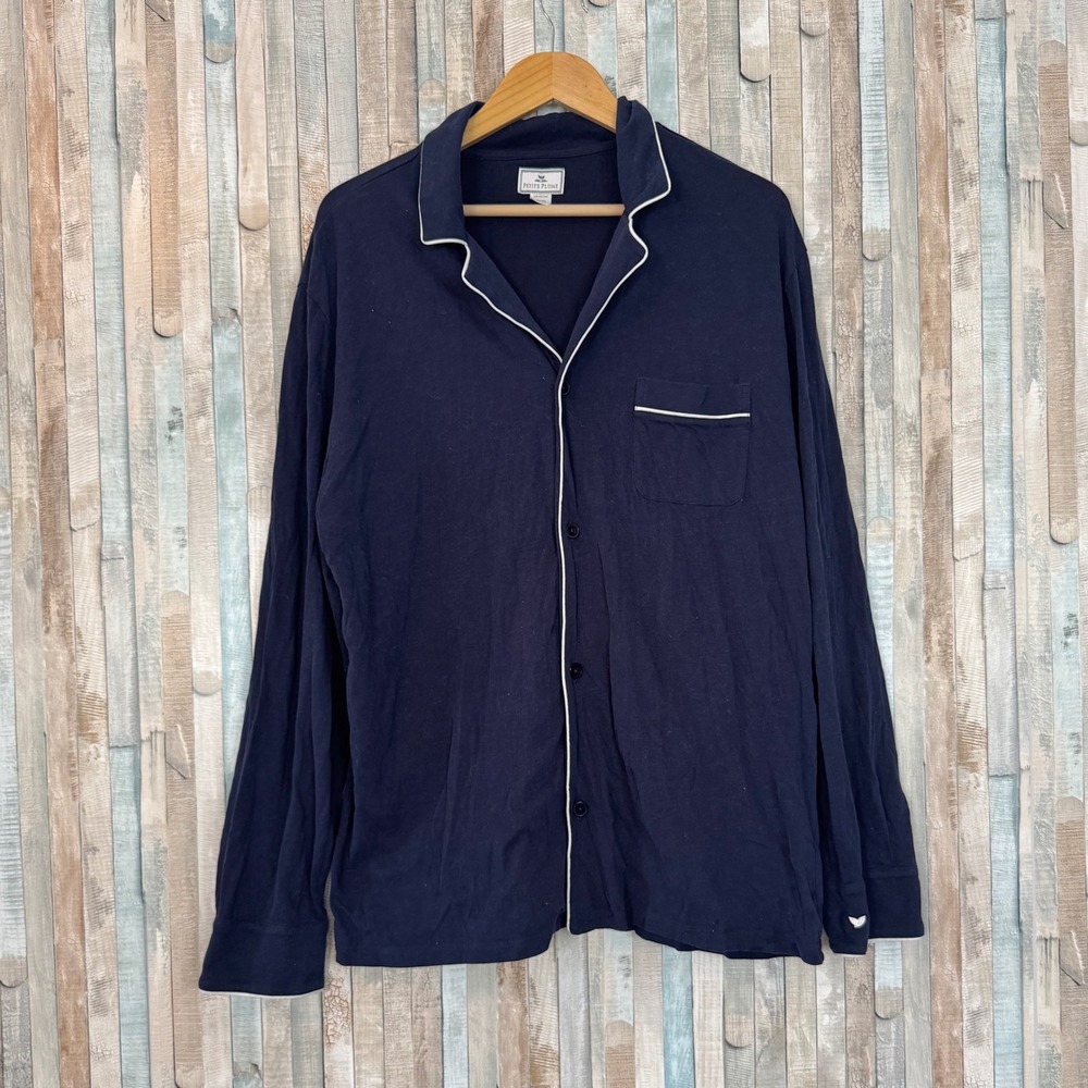 Petite Plume L Navy Pima Cotton Pajama Shirt Long Sleeve Sleep Top Lounge Mens
